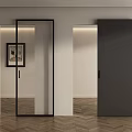 Modern Sliding Doors With Black Frame Glass Panels In Interior Space Herringbone Wood Floor