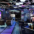 Modern Bar Interior With Live Music Performance Large Screen And Geometric Lighting