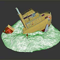 Yellow Boat With Blue Chimney Tilted On Snow Featuring Red Lifebuoy And Small Figure