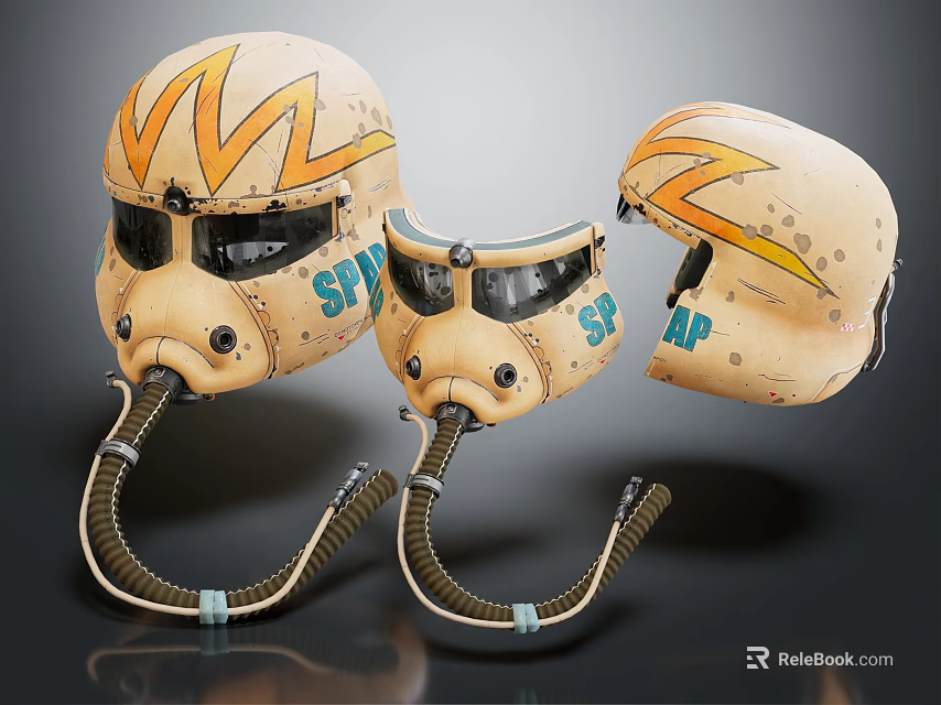 Tan Colored Helmets with Orange Lightning Patterns Special Forces Text and Breathing Tubes Displayed 3d model 