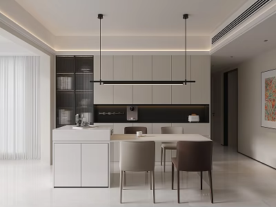 Modern Open Kitchen Dining Interior With White Cabinets Island Counter And Pendant Lights 3d model