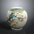 White Ceramic Vase With Plum Blossom Pattern Green Branches And Red Flowers
