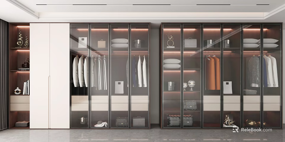 Sleek Modern Wardrobe Interior With Glass Doors Hanging Rails Folded Clothes And Storage Spaces 3d model 