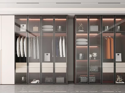 Sleek Modern Wardrobe Interior With Glass Doors Hanging Rails Folded Clothes And Storage Spaces 3d model