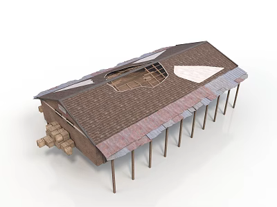 Architectural Building Model With Sloped Brown Tile Roof And Supporting Poles 3d model
