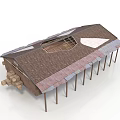 Architectural Building Model With Sloped Brown Tile Roof And Supporting Poles