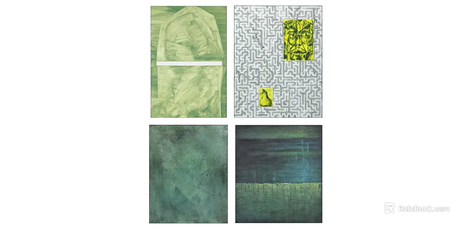 Abstract Modern Art Paintings With Green Gray Yellow Tones And Textured Surfaces 3d model 
