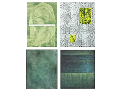 Abstract Modern Art Paintings With Green Gray Yellow Tones And Textured Surfaces 3d model