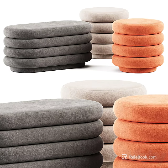 Stackable Upholstered Fabric Ottomans In Gray Orange Beige For Living Room Decor 3d model 