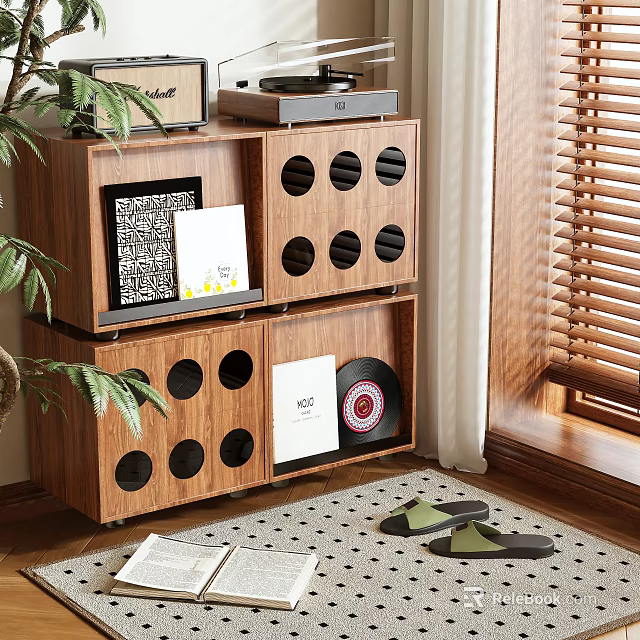 Wooden Storage Cabinet Shelf With Circular Holes Photo Frames Vinyl Records And Green Plants 3d model 