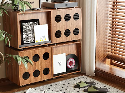 Wooden Storage Cabinet Shelf With Circular Holes Photo Frames Vinyl Records And Green Plants 3d model