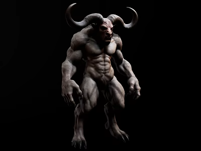 Muscular Game and Movie Character With Large Curved Horns Gray Skin Standing Posture 3d model