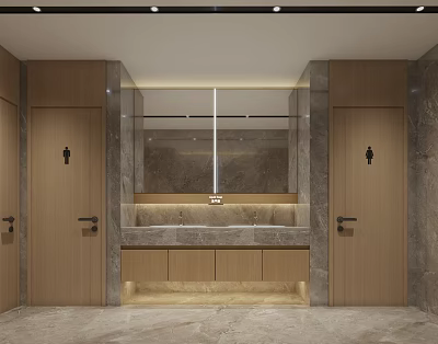 Modern Public Restroom With Wooden Stall Doors Marble Sink Counter And Mirror Lighting 3d model