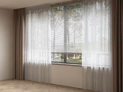 White Sheer Curtains And Brown Drapes For Bright Modern Window With Green View 3d model