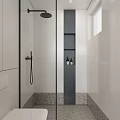 Modern Minimalist Bathroom Interior With White Tiles Oval Mirror And Glass Shower Enclosure