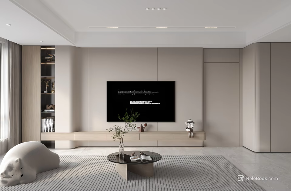 Modern Living Room Interior With Beige Walls TV Media Console Coffee Table Bookshelf And Decorations 3d model 