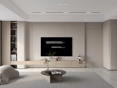 Modern Living Room Interior With Beige Walls TV Media Console Coffee Table Bookshelf And Decorations 3d model