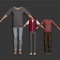 Three Mannequins Wearing Different Clothing Including T Shirt Vest Long Sleeve Shirt Pants And Shoes