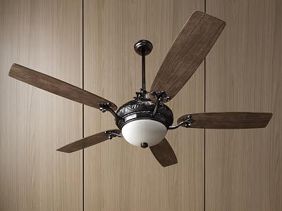 Ceiling Fan with Wooden Blades Black Metal Frame and Built in Light on Wooden Wall 3d model
