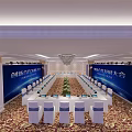 Large Conference Hall Setup With Long Tables White Chairs And Digital Screens