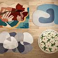 Colorful Shaped Rugs with Floral and Geometric Patterns on Wooden Floor in Room Corner
