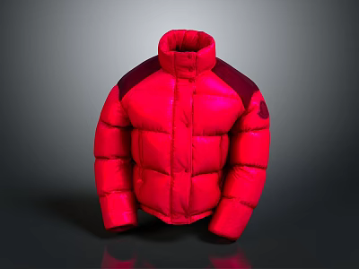 Red Puffer Jacket With Maroon Shoulders And High Collar Design 3d model