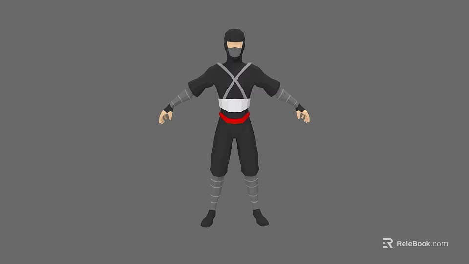 Black Outfit Ninja Game Movie Character With White Red Belt And Gray Wraps 3d model 