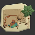 Cartoon Style Model Featuring Two Story Building Tower Staircase Palm Tree Tables Chairs And Curtains
