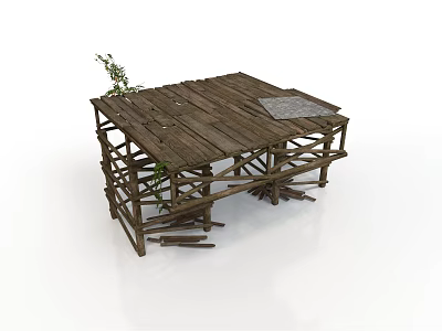 Rustic Wooden Building Structure With Support Beams And Small Plant On Platform 3d model