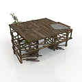 Rustic Wooden Building Structure With Support Beams And Small Plant On Platform 3d model