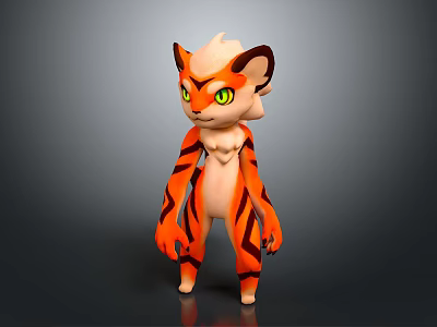 3D Cartoon Game Movie Character With Orange Black Stripes Green Eyes Feline Features Fluffy Fur 3d model