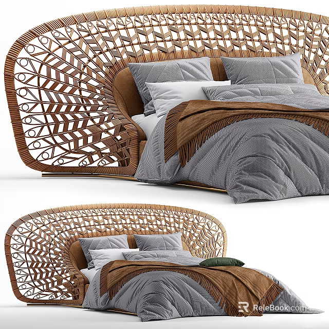 Stylish Double Bed With Intricate Wicker Headboard Gray Bedding And Brown Throw 3d model