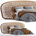 Stylish Double Bed With Intricate Wicker Headboard Gray Bedding And Brown Throw 3d model