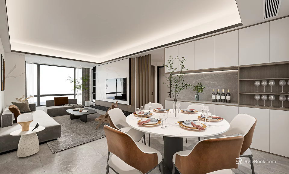 Modern Living and Dining Room Interior With Round Table Dining Chairs Sofa and Decorative Plants 3d model 