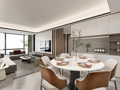 Modern Living and Dining Room Interior With Round Table Dining Chairs Sofa and Decorative Plants 3d model