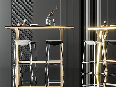 Modern Black Gold Bar Counter With White Black Stools And Illuminated Lighting Wine Glasses Fruit 3d model