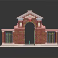 Red Brick Arched Entrance Gate Featuring White Trim Iron Side Gates and Pediment Design