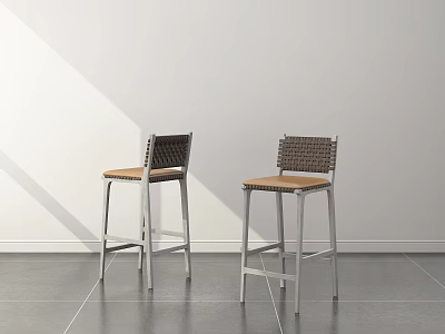 Modern Bar Stools With Woven Backrest Wooden Seat And Metal Legs In Minimalist Room 3d model