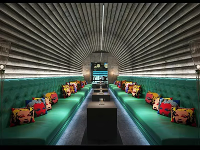 Modern Lounge Area With Green Sofas Colorful Patterned Cushions Long Table Curved Ceiling And Lighting 3d model