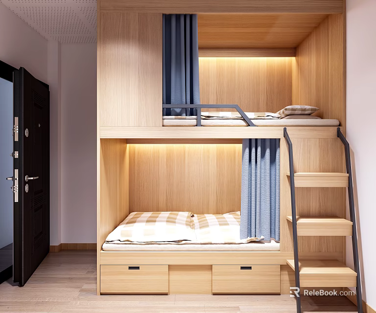 Wooden Bunk Bed With Upper Lower Mattresses Blue Curtains And Storage Ladder 3d model 