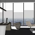 Modern Office Interior With Large Windows City Mountain Views Desk Chairs Sofa And Coffee Table