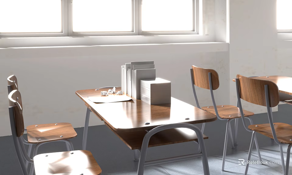 Wooden Study Desk With Chairs And Books Near Window In Bright Room 3d model 