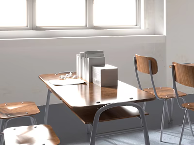 Wooden Study Desk With Chairs And Books Near Window In Bright Room 3d model