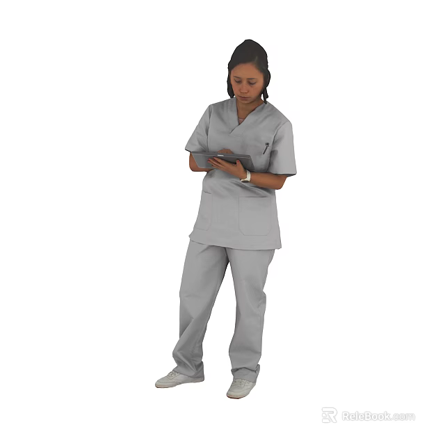 Woman Wearing Gray Medical Scrubs Holding Tablet While Standing In Uniform 3d model 