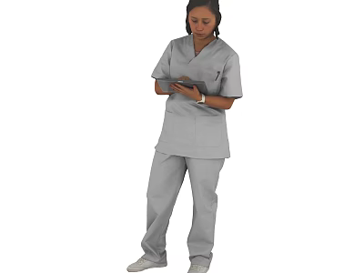 Woman Wearing Gray Medical Scrubs Holding Tablet While Standing In Uniform 3d model