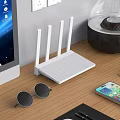 Modern Computer Workspace With Monitor Router Smartphone Wireless Earbuds And Mouse On Wooden Desk