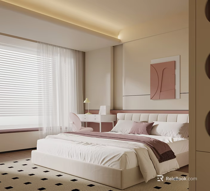 Modern Elegant Bedroom Interior With White Bed Pink Headboard White Blinds And Wall Art 3d model 