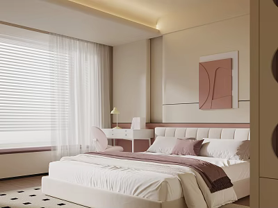 Modern Elegant Bedroom Interior With White Bed Pink Headboard White Blinds And Wall Art 3d model