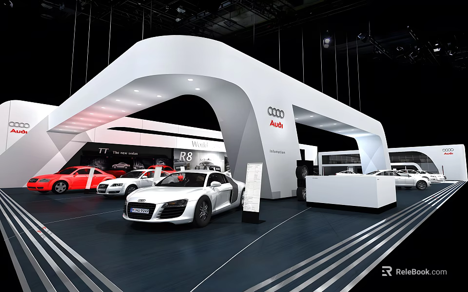 Modern Audi Car Showroom Featuring White R8 Sports Car and Red Vehicles 3d model 