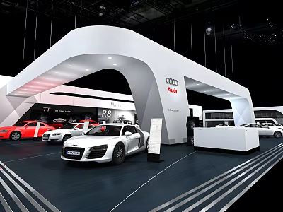 Modern Audi Car Showroom Featuring White R8 Sports Car and Red Vehicles 3d model